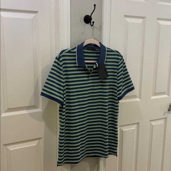 G/FORE green grey blue stripe Relaxed Polo Shirt Short Sleeve NWTS size M medium - Picture 1 of 5